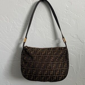 Black and Brown Monogram Shoulder Bag. Medium. Leather Strap. Canvas.